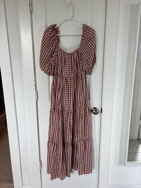 Carly Jean Los Angeles Red and White Gingham Puff-Sleeve Tiered Maxi Dress